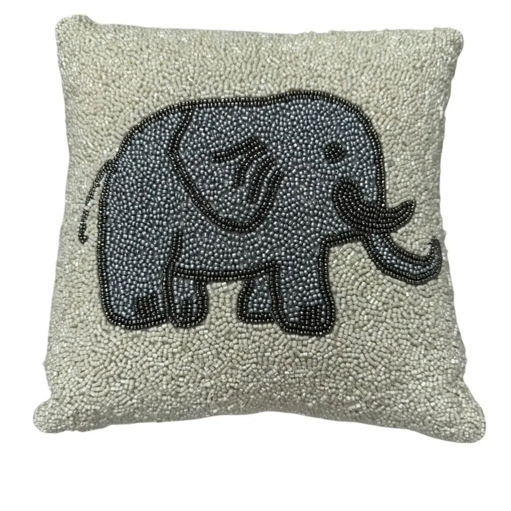 Small Elephant Beaded Accent Pillow Cream & Grey Neutral Decor 11x11